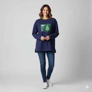 Basic Editions Holiday Peace on Earth Christmas Sweatshirt Women 2X Blue Vintage